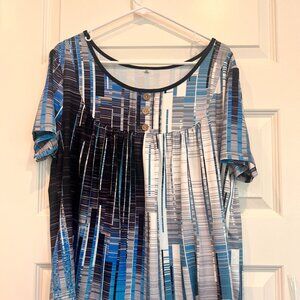 WOMENS SHORT SLEEVE BLOUSE XL BLUE /BLACK/GRAY STRIPED
